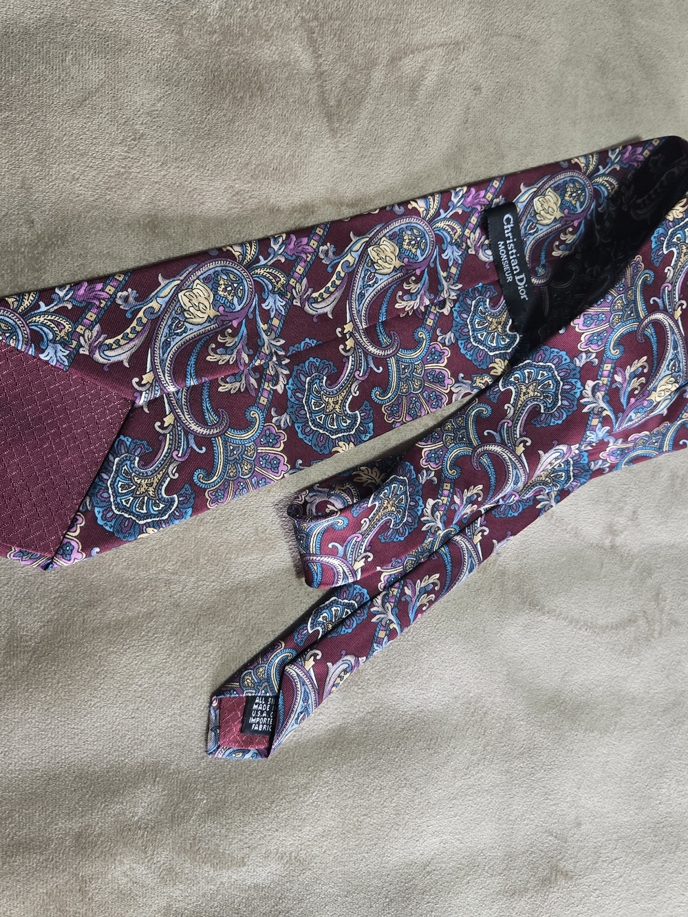 Dior Burgundy Paisley Silk Tie with Blue and Gold Accents